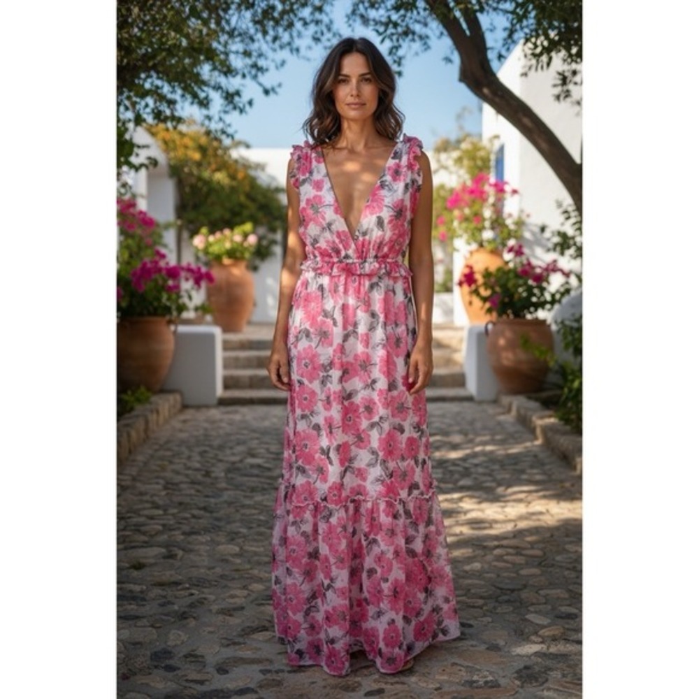 Charlotte Russe‎ Maxi Women's Sundress Size M Pink Floral Tiered Babydoll Lined